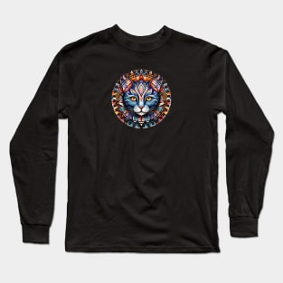 Ancient Blue Cat Mandala Long Sleeve T-Shirt